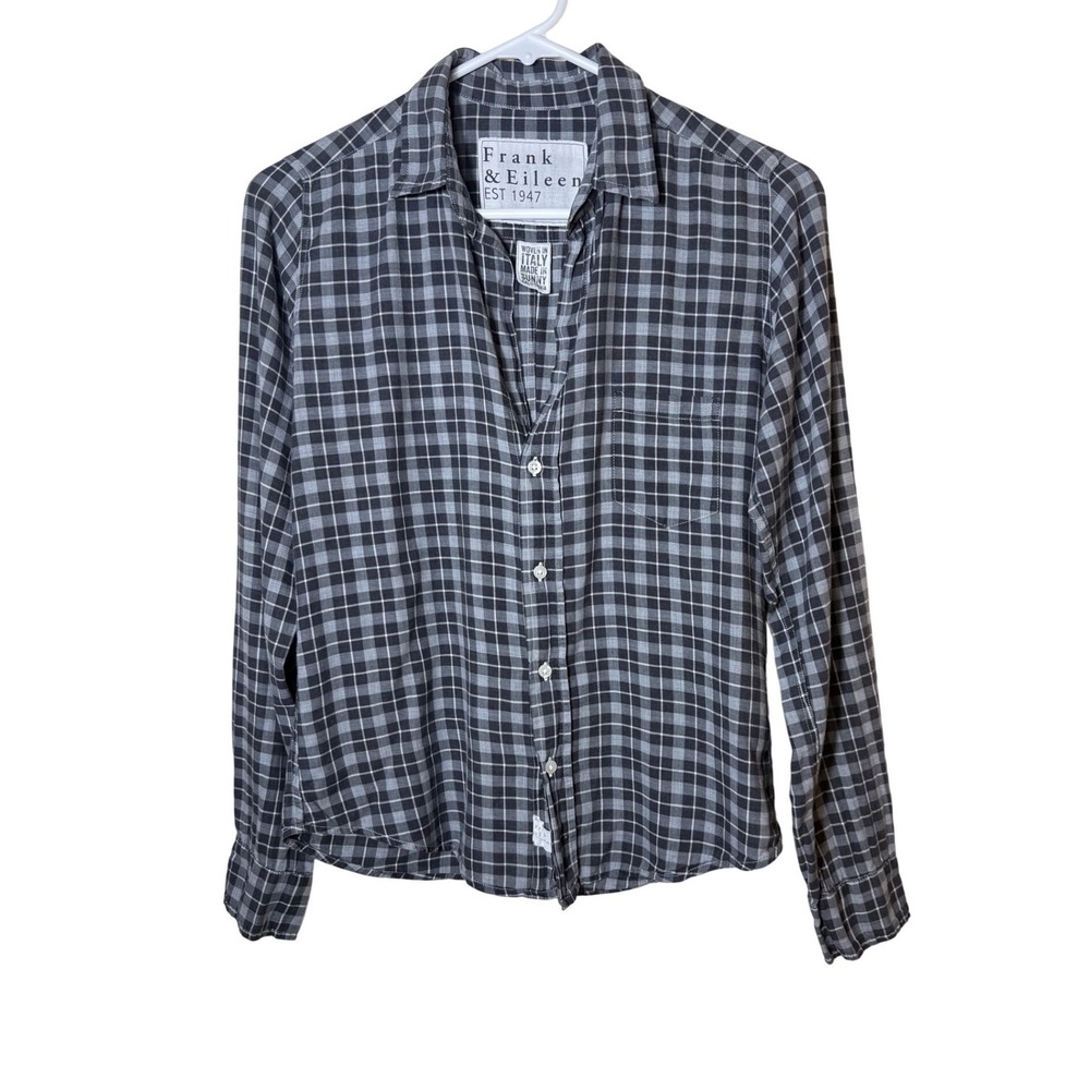 Frank & Eileen Plaid Button Down Shirt XS Gray Blue V-Neck Lightweight Classi